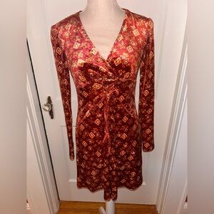 Womens Red and Gold Long Sleeve Dress velvet type material